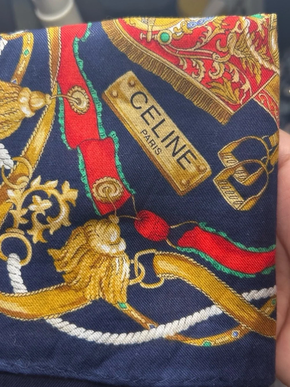 Celine Navy Blue, Gold & Red Decorative Silk Scarf